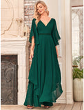 A-Line Mother of the Bride Dress Elegant V Neck Floor Length Chiffon Half Sleeve with Sash / Ribbon