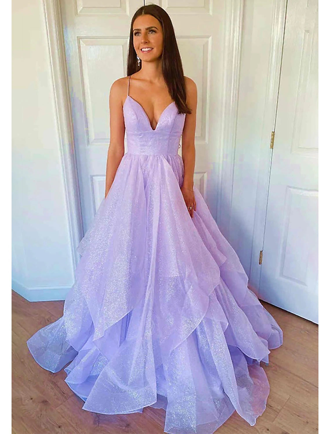 Ball Gown Prom Dresses Glittering Dress Wedding Party Court Train Sleeveless Spaghetti Strap Tulle Backless with Sequin Ruffles