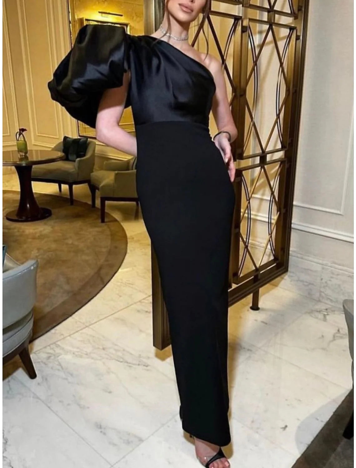 Sheath / Column Evening Gown Elegant Dress Formal Ankle Length Black Dress Short Sleeve One Shoulder Satin with Ruched
