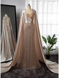 A-Line Evening Gown Elegant Dress Formal Court Train Long Sleeve Illusion Neck Stretch Satin with Pleats Ruched Beading