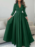 Satin A-Line Evening Gown Green Elegant Dress Formal Champagne Red Green Dress Floor Length 3/4 Length Sleeve V Neck with Pleats