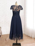 A-Line Mother of the Bride Dress Formal Wedding Guest Vintage Elegant Scoop Neck Tea Length Lace 3/4 Length Sleeve with Sequin Appliques Fall
