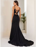 Mermaid / Trumpet Evening Gown Sexy Dress Formal Court Train Sleeveless Spaghetti Strap Stretch Fabric with Crystals Slit