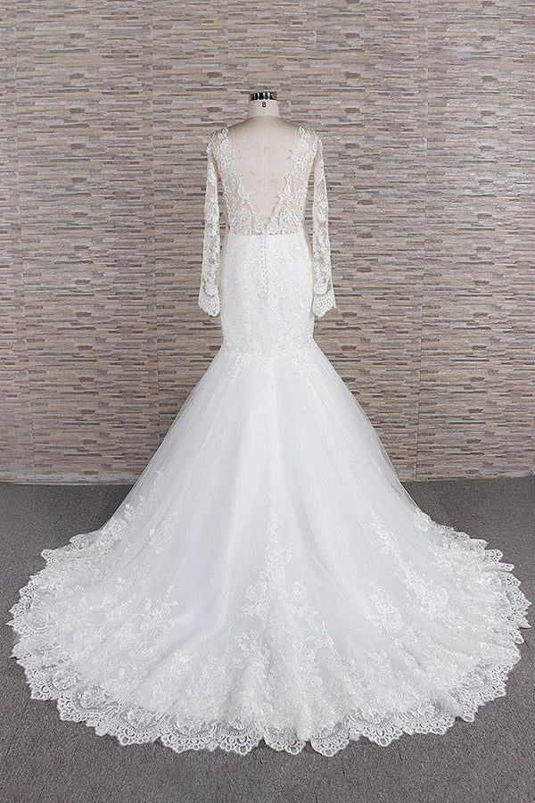 Long Mermaid High Neck Appliques Lace Backless Wedding Dress with Sleeves