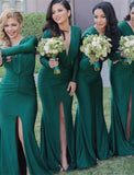 Mermaid / Trumpet Bridesmaid Dress V Neck Long Sleeve Elegant Floor Length Spandex with Split Front / Ruching