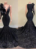 Mermaid / Trumpet Evening Gown Floral Dress Formal Chapel Train Long Sleeve One Shoulder African American Sequined with Sequin