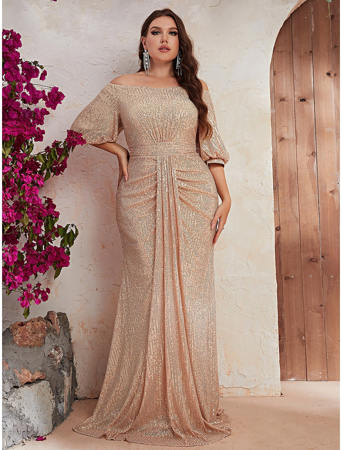 A-Line Wedding Guest Dresses Sparkle & Shine Dress Formal Sweep / Brush Train Half Sleeve Off Shoulder Polyester with Beading