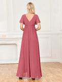 A-Line Evening Gown Empire Dress Party Wear Floor Length Short Sleeve V Neck Chiffon V Back with Slit