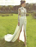 Beach Wedding Dresses A-Line High Neck Long Sleeve Court Train Chiffon Bridal Gowns With