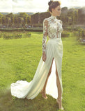 Beach Wedding Dresses Court Train A-Line Long Sleeve High Neck Chiffon With