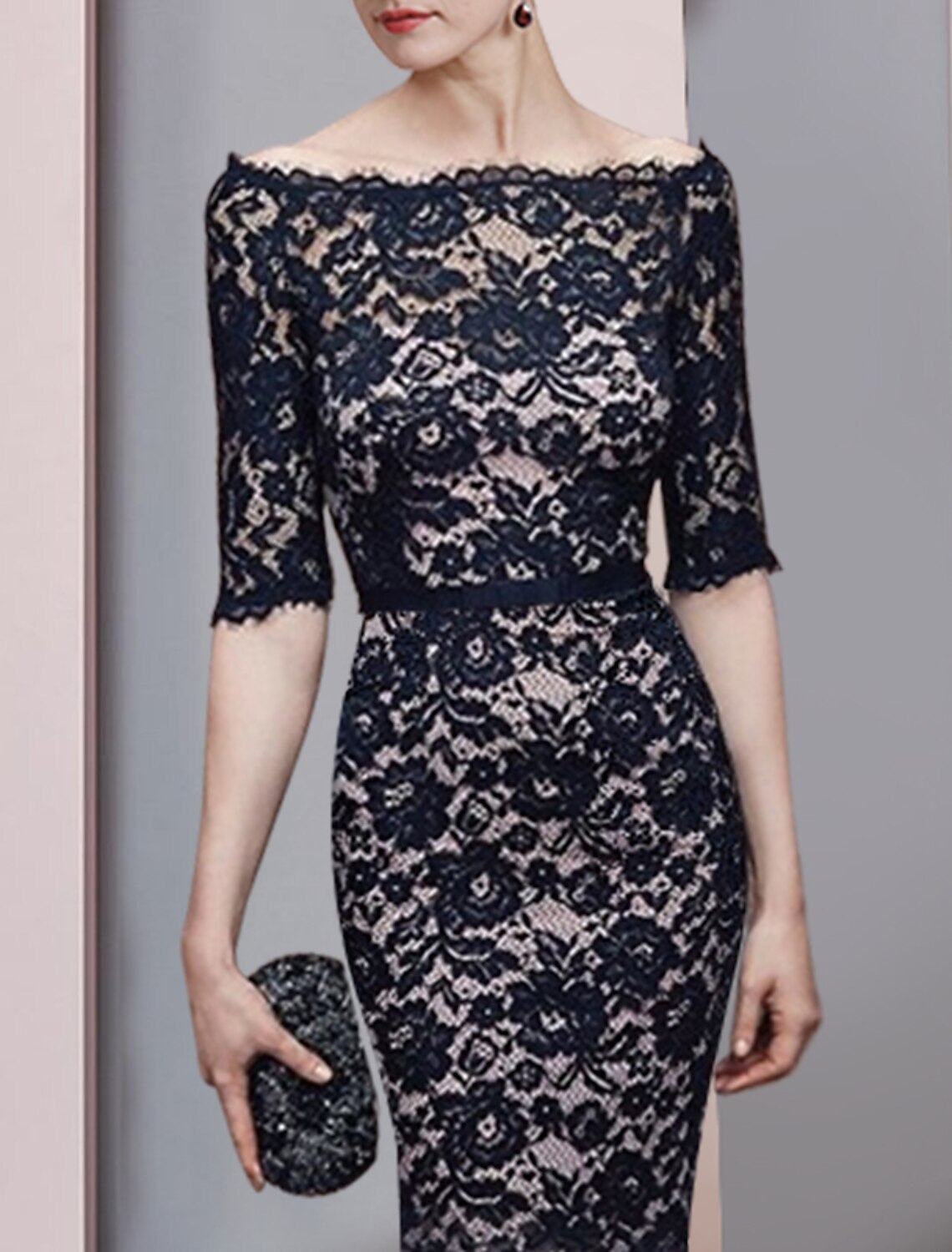 Formal Wedding Guest Elegant Off Shoulder Floor Length Lace Stretch Chiffon Long Sleeve with Lace Mother of the Bride Dress&nbsp; main image 1