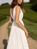 Reception Sexy Casual Wedding Dresses A-Line V Neck Sleeveless Court Train Chiffon Bridal Gowns With Split Front Solid Color