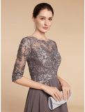 A-Line Mother of the Bride Dress Wedding Guest Elegant Vintage Scoop Neck Asymmetrical Chiffon Lace Half Sleeve with Ruching Solid Color