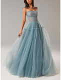 A-Line Prom Dresses Elegant Dress Wedding Guest Floor Length Sleeveless Spaghetti Strap Tulle with Pleats Ruffles