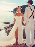 Beach Sexy Boho Wedding Dresses A-Line Off Shoulder Cap Sleeve Court Train Chiffon Bridal Gowns With Split Front Solid Color