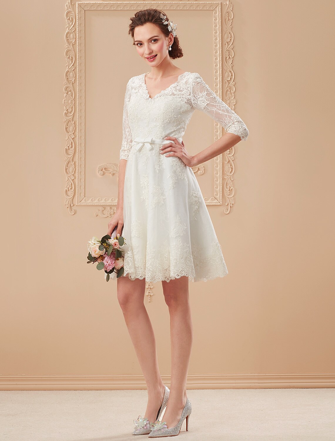 Little White Dresses Wedding Dresses Knee Length A-Line Half Sleeve V Neck Lace With Bowknot Sash / Ribbon