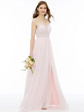 A-Line Bridesmaid Dress Illusion Neck Sleeveless Illusion Detail Floor Length Chiffon / Floral Lace with Sash / Ribbon / Appliques