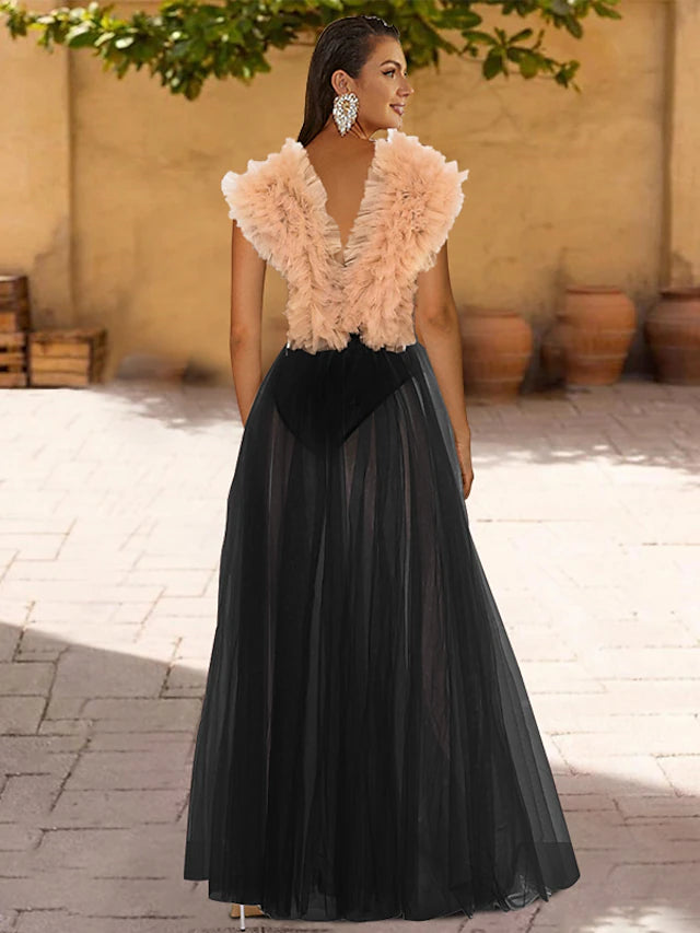 Sheath / Column Prom Dresses Princess Dress Prom Floor Length Short Sleeve V Neck Detachable Tulle with Pleats Slit