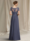 Sheath / Column Mother of the Bride Dress Plus Size Elegant V Neck Floor Length Chiffon Lace Short Sleeve with Appliques