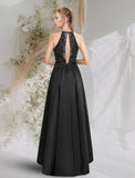 A-Line Cut Out Sexy Prom Birthday Dress Halter Neck Backless Sleeveless Asymmetrical Satin with Lace Insert Pure Color