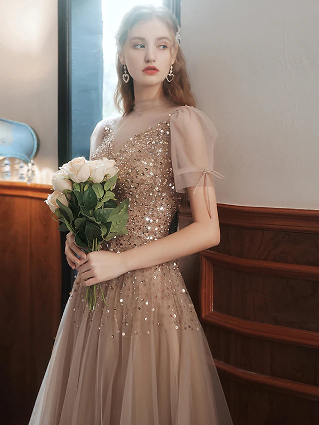 A-Line Prom Dresses Sparkle Dress Engagement Floor Length Sleeveless High Neck Tulle with Bow(s) Beading Sequin
