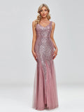 Mermaid / Trumpet Evening Gown Sparkle Dress Wedding Guest Floor Length Sleeveless V Neck Tulle V Back with Sequin Splicing