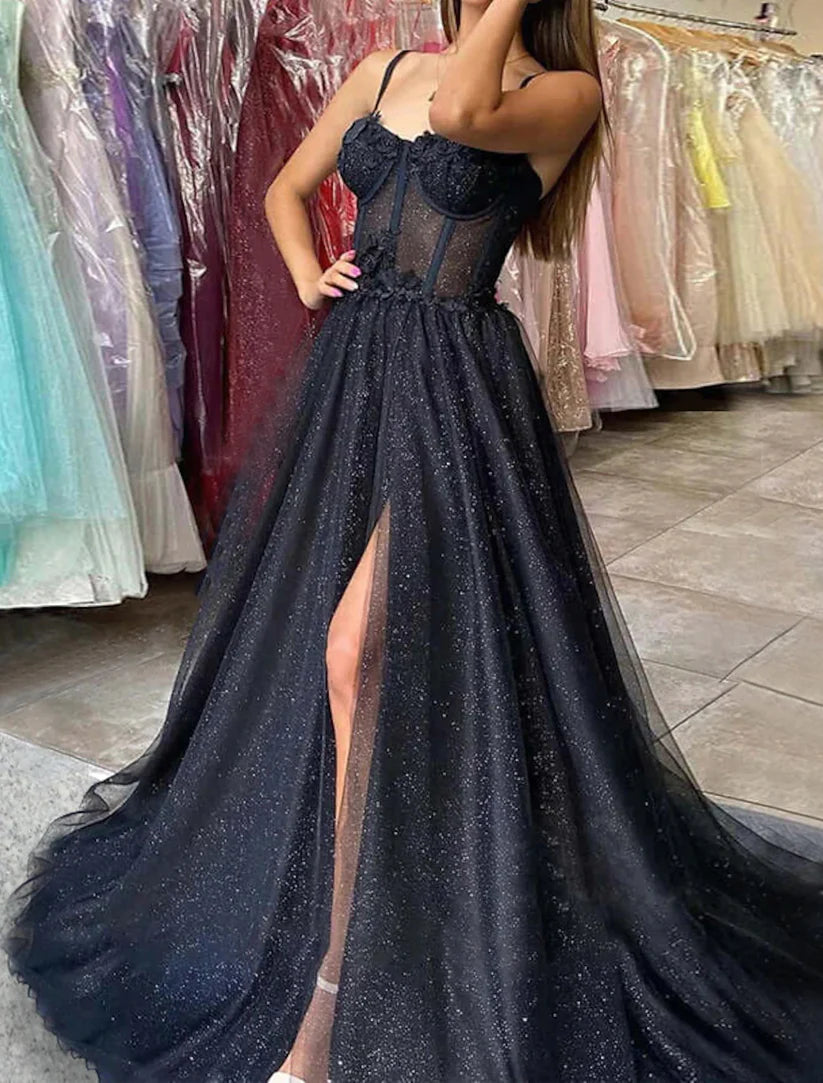 A-Line Prom Dresses Glitter Black Dress Wedding Dresses Formal Gothic Dress Floor Length Sleeveless Sweetheart Spaghetti Tulle with Slit