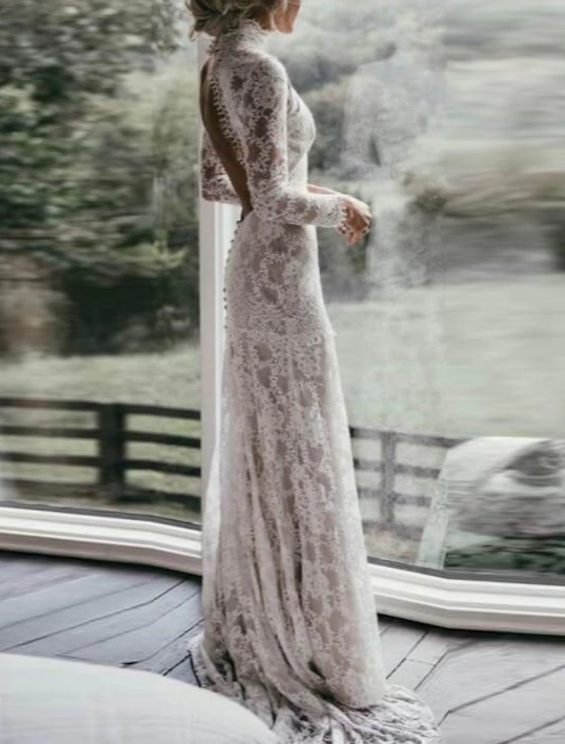 Beach Boho Wedding Dresses Sheath / Column High Neck Long Sleeve Court Train Lace Outdoor Bridal Gowns With Appliques Solid Color Summer Fall Wedding Party
