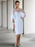 Sheath / Column Mother of the Bride Dress Elegant Sparkle & Shine Jewel Neck Knee Length Stretch Chiffon Half Sleeve with Feather Beading Sequin