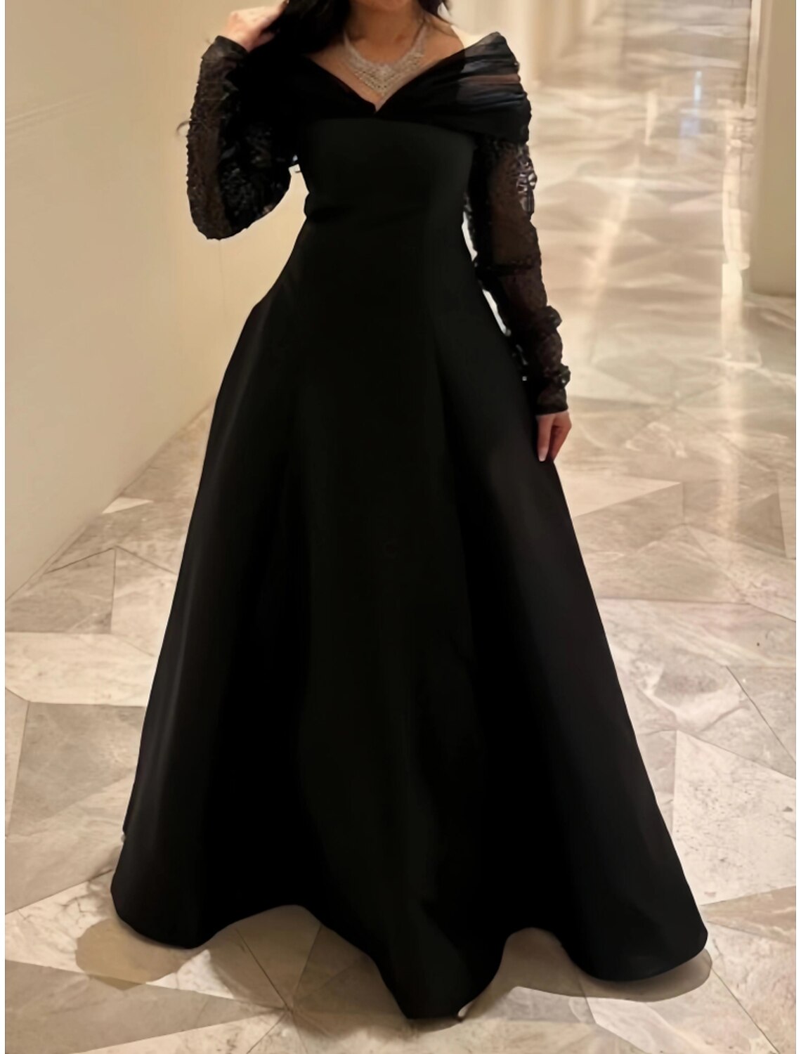 A-Line Evening Gown Elegant Black Dress Plus Size Dress Formal Floor Length Long Sleeve Off Shoulder Satin with Pleats Sequin