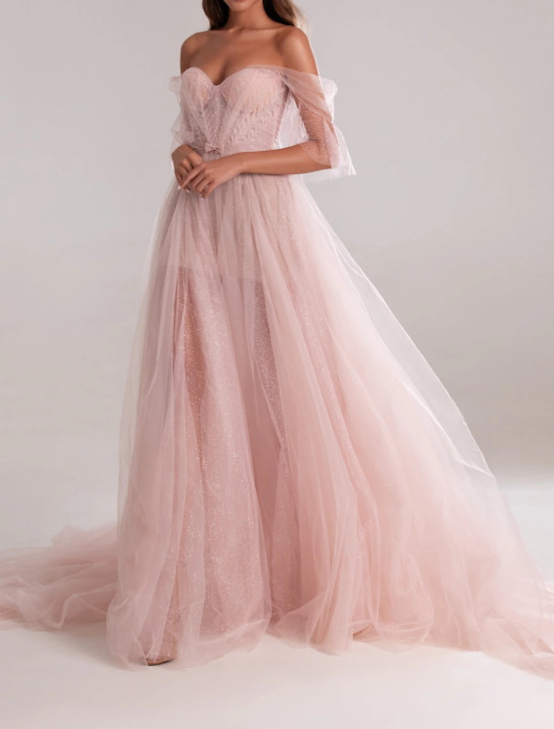 A-Line Elegant Engagement Formal Evening Dress Sweetheart Neckline Sleeveless Court Train Tulle with Bow(s) Pleats