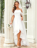 Reception Little White Dresses Boho Wedding Dresses A-Line Off Shoulder Short Sleeve Asymmetrical Lace Bridal Gowns With Lace Draping