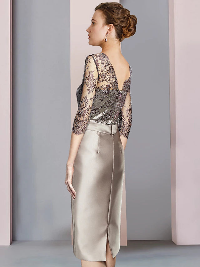 Square Neck Knee-Length Satin Lace Sheath Dress with Short Sleeves and Pleated Appliques for the Mother of the Bride main image 1