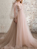 A-Line Elegant Boho Engagement Formal Evening Birthday Dress Scoop Neck Long Sleeve Sweep / Brush Train Tulle with Pleats Ruched