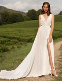 Reception Sexy Casual Wedding Dresses A-Line V Neck Sleeveless Court Train Chiffon Bridal Gowns With Split Front Solid Color