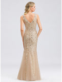 Mermaid / Trumpet Sparkle Sexy Prom Formal Evening Valentine's Day Dress V Neck V Back Sleeveless Floor Length Tulle with Sequin Appliques