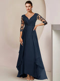 A-Line Mother of the Bride Dress Wedding Guest Elegant High Low V Neck Ankle Length Chiffon Lace 3/4 Length Sleeve with Sequin Appliques