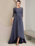 A-Line Mother of the Bride Dress Formal Elegant High Low Scoop Neck Asymmetrical Tea Length Chiffon Lace 3/4 Length Sleeve with Ruched Appliques