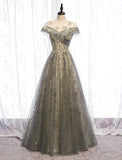 A-Line Evening Gown Elegant Dress Wedding Guest Engagement Floor Length Short Sleeve Illusion Neck Tulle with Pleats