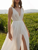 Reception Sexy Casual Wedding Dresses A-Line V Neck Sleeveless Court Train Chiffon Bridal Gowns With Split Front Solid Color