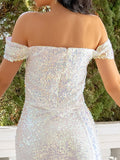 Sheath / Column Evening Gown Sexy Dress Party Wear Sweep / Brush Train Short Sleeve Off Shoulder Sequined with Sequin Slit