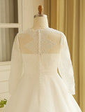 Hall Sparkle & Shine Wedding Dresses A-Line Illusion Neck Long Sleeve Court Train Satin Bridal Gowns With Buttons Ruched