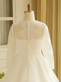 Hall Sparkle & Shine Wedding Dresses Court Train A-Line Long Sleeve Illusion Neck Satin With Buttons Ruched
