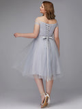 A-Line Elegant Dress Wedding Guest Tea Length Short Sleeve Off Shoulder Tulle with Sash / Ribbon Criss Cross