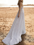 Beach Open Back Casual Wedding Dresses A-Line Camisole V Neck Sleeveless Sweep / Brush Train Sequined Bridal Gowns With Beading