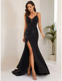 Mermaid / Trumpet Evening Gown Sexy Dress Formal Court Train Sleeveless Spaghetti Strap Stretch Fabric with Crystals Slit