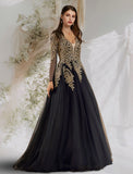 all Gown Luxurious Elegant Prom Formal Evening Dress V Neck Long Sleeve Floor Length Tulle with Sequin Appliques