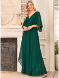 A-Line Mother of the Bride Dress Elegant V Neck Floor Length Chiffon Half Sleeve with Sash / Ribbon