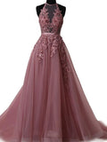 A Line Halter Neck Backless Lace Sweep Train Prom Dresses