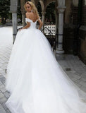 Wedding Dresses Ball Gown Off Shoulder Cap Sleeve Chapel Train Tulle Bridal Gowns With